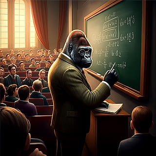 A gorilla in a tweed suit and glasses is in front of the chalkboard, giving a lecture'