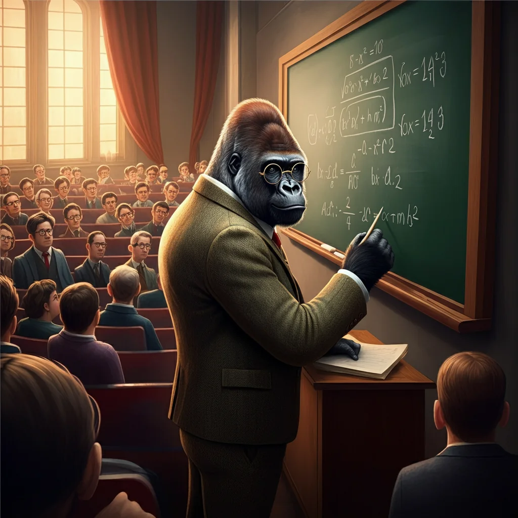 A gorilla in a tweed suit and glasses is in front of the chalkboard, giving a lecture picture 1 of 3