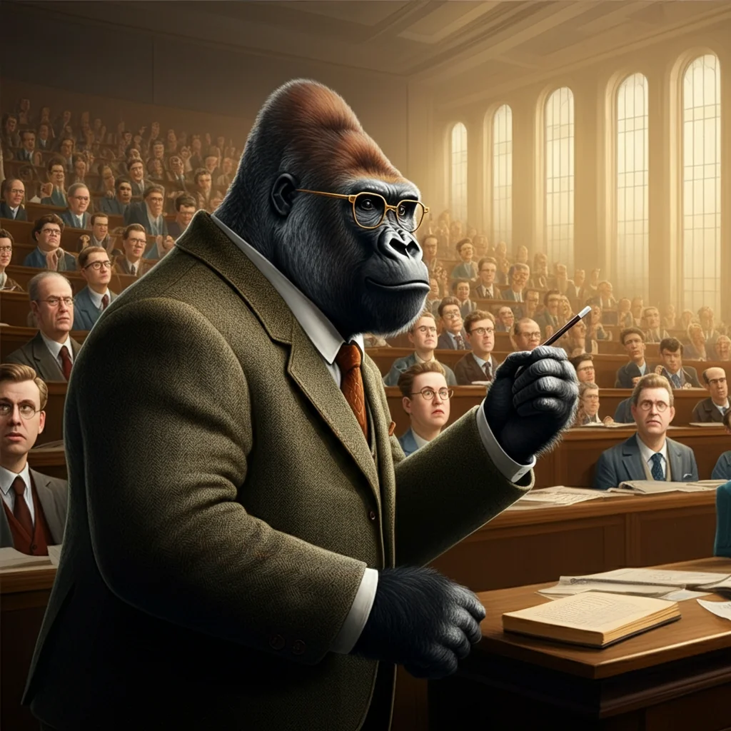 A gorilla in a tweed suit and glasses is in front of the chalkboard, giving a lecture picture 2 of 3