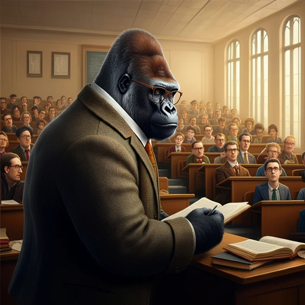 A gorilla in a tweed suit and glasses is in front of the chalkboard, giving a lecture picture 3 of 3