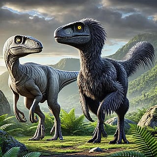 An outdated grey velociraptor with no feathers standing next to a scientifically accurate black feathered, black skin velociraptor.'