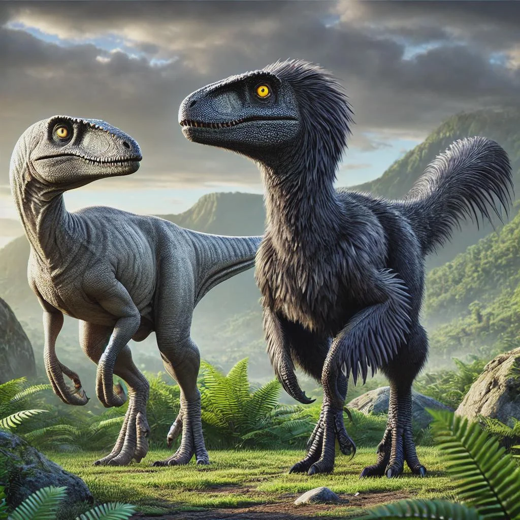 An outdated grey velociraptor with no feathers standing next to a scientifically accurate black feathered, black skin velociraptor. picture 1 of 1