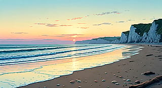 Sunrise on a beach in Normandy, France (where D-Day took place on June 6, 1944)'