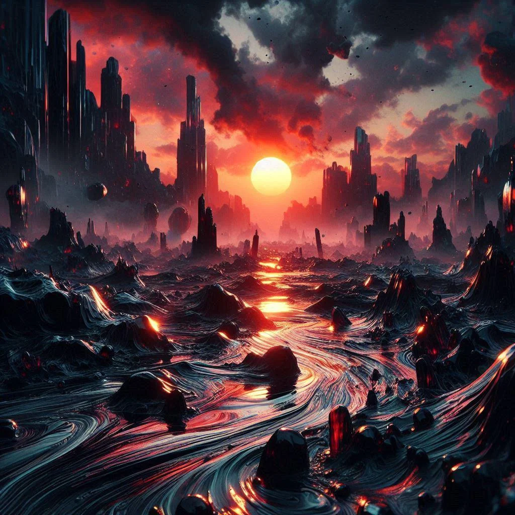 Dawn on a desolate alien planet: a red sun reflects in an obsidian flow surrounded by eerie rock formations picture 1 of 1