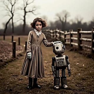 A quiet moment between a young girl and her robot companion, standing together in the peaceful countryside. The soft light and open fields create a beautifully authentic scene.'