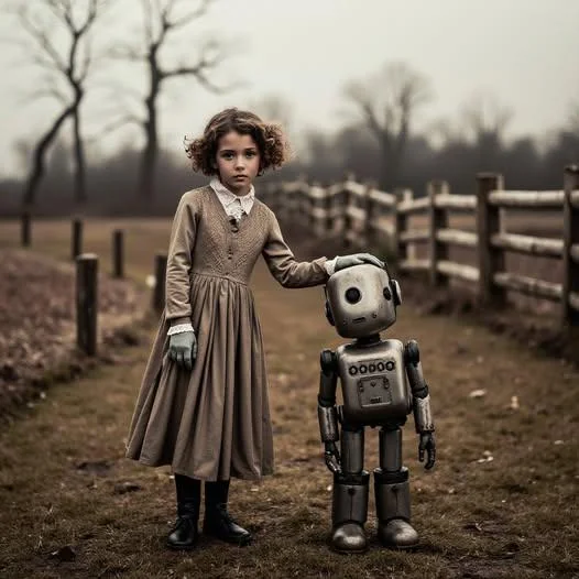 A quiet moment between a young girl and her robot companion, standing together in the peaceful countryside. The soft light and open fields create a beautifully authentic scene. picture 1 of 1