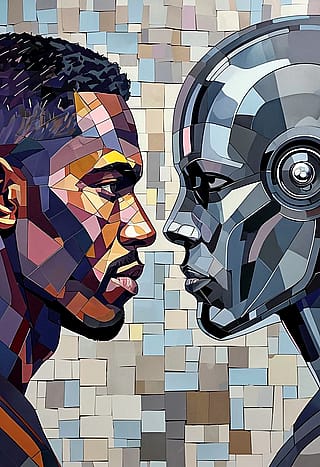 Art Depicting Man And Robot Face-Off'