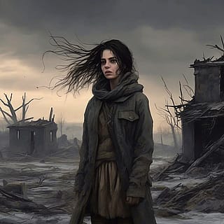 A young woman, barely more than a girl, with tangled, dark hair whipped by a frigid wind. She wears ragged, mud-stained clothes, her face pale and gaunt. She stands amidst the charred ruins of a village, a desolate, winter sky above. Style: Gritty realism, dark fantasy, melancholic.'