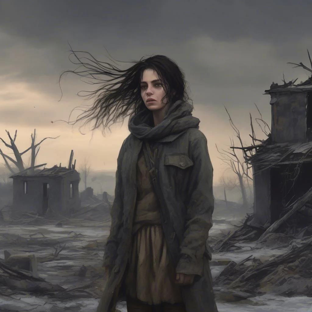 A young woman, barely more than a girl, with tangled, dark hair whipped by a frigid wind. She wears ragged, mud-stained clothes, her face pale and gaunt. She stands amidst the charred ruins of a village, a desolate, winter sky above. Style: Gritty realism, dark fantasy, melancholic. picture 1 of 1