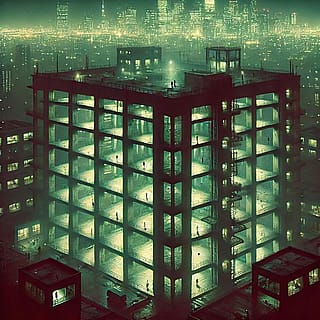 Dystopian cityscape at night'