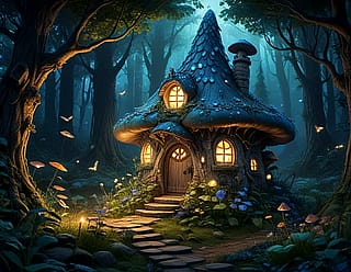 A fairy mushroom house in an enchanted bioluminescent forest.'