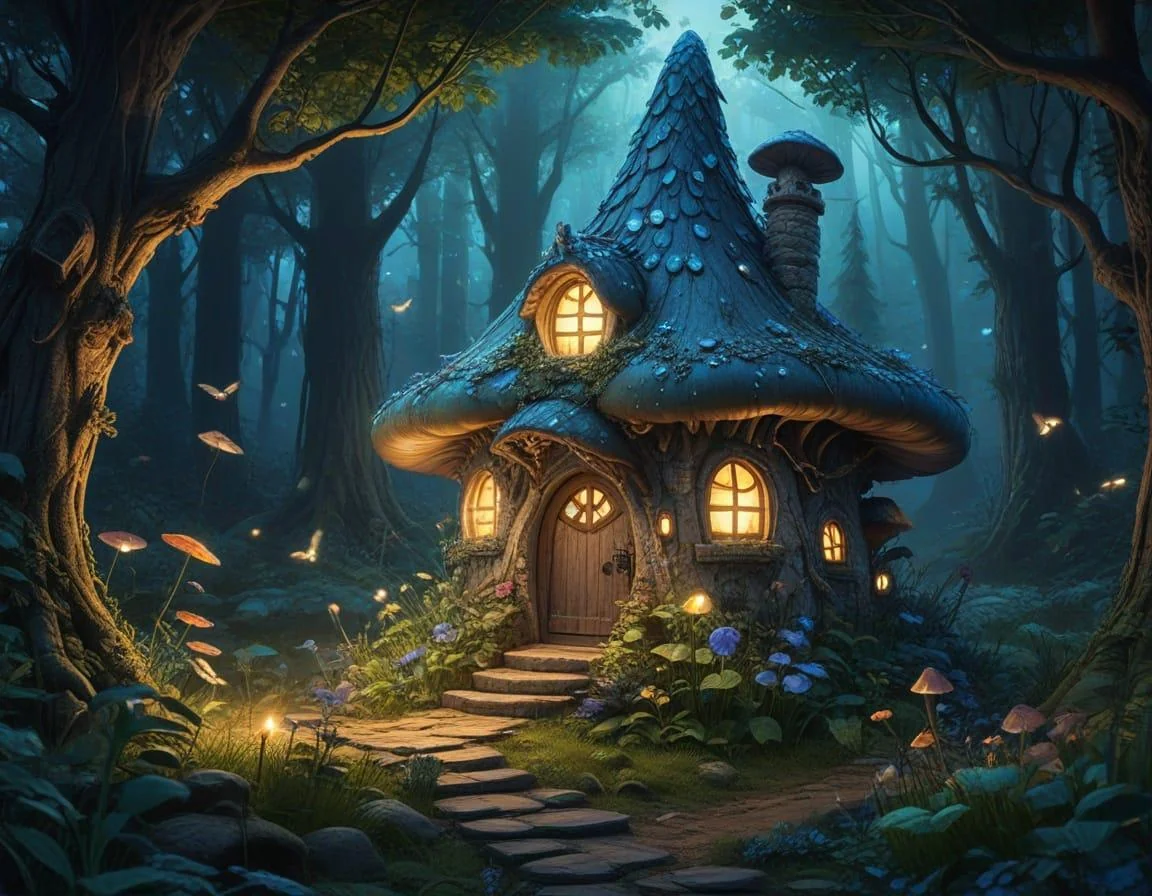 A fairy mushroom house in an enchanted bioluminescent forest. picture 1 of 10