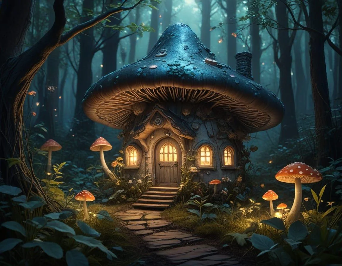 A fairy mushroom house in an enchanted bioluminescent forest. picture 2 of 10