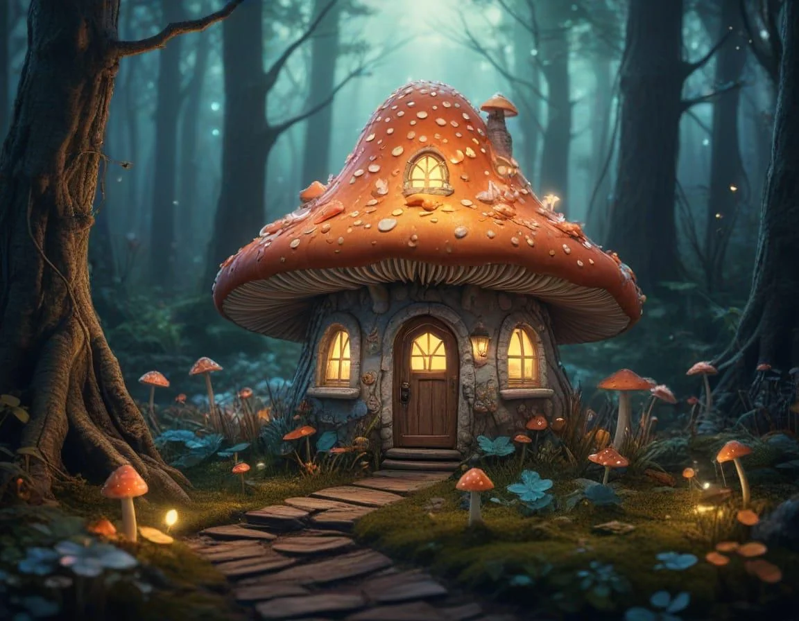 A fairy mushroom house in an enchanted bioluminescent forest. picture 3 of 10