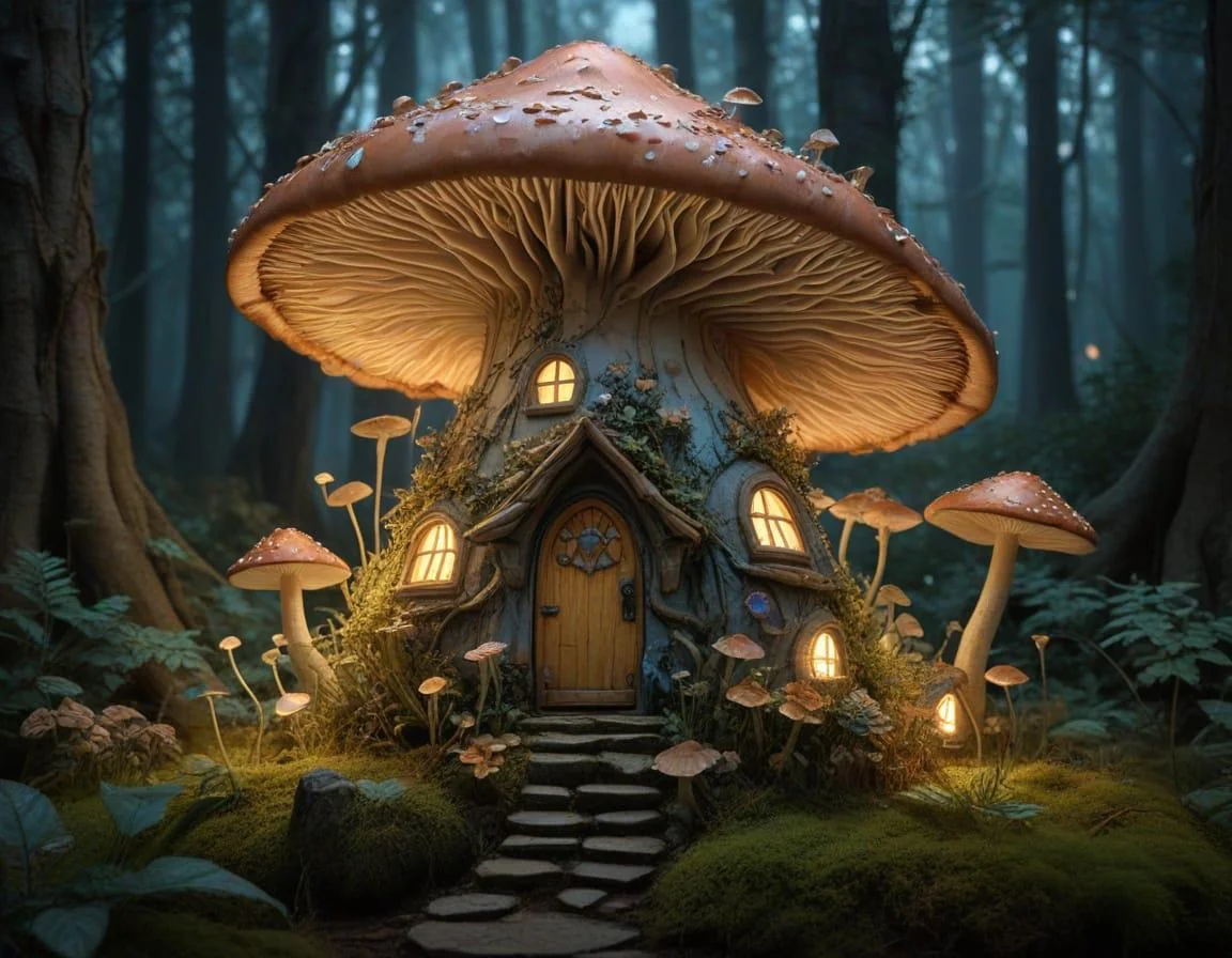 A fairy mushroom house in an enchanted bioluminescent forest. picture 4 of 10