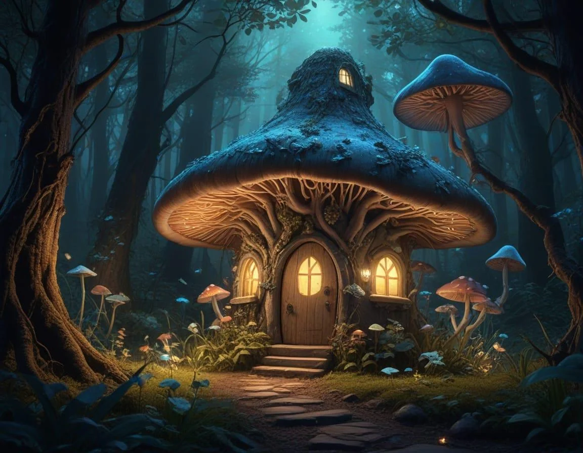 A fairy mushroom house in an enchanted bioluminescent forest. picture 5 of 10