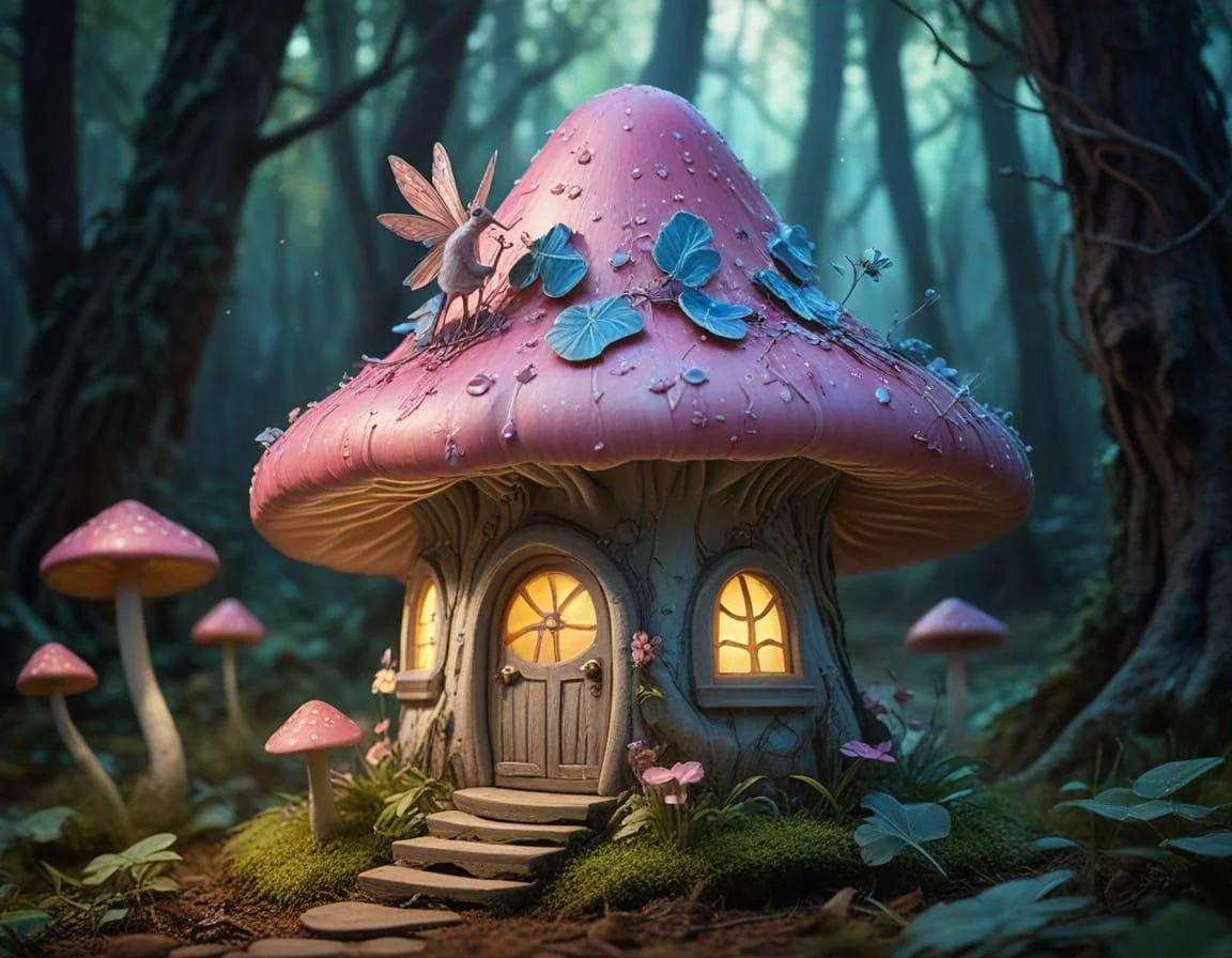 A fairy mushroom house in an enchanted bioluminescent forest. picture 6 of 10