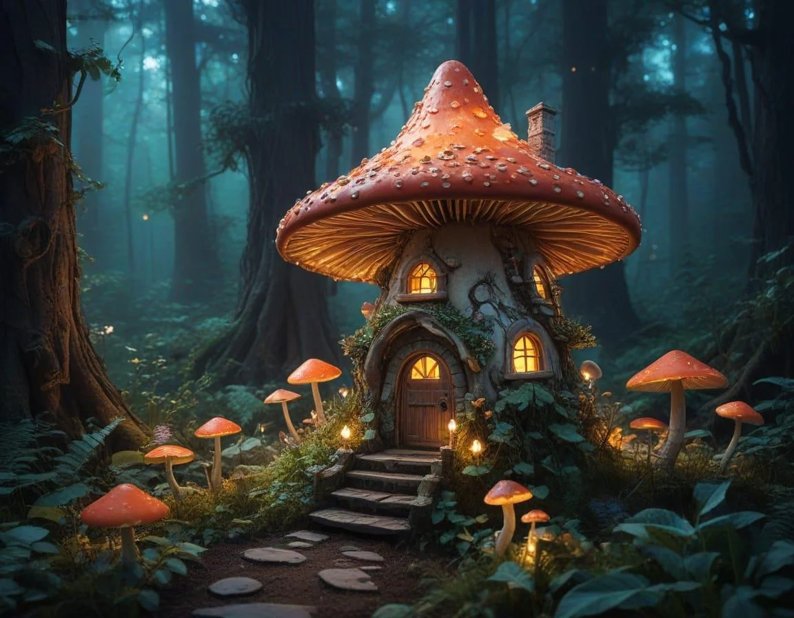 A fairy mushroom house in an enchanted bioluminescent forest. picture 7 of 10