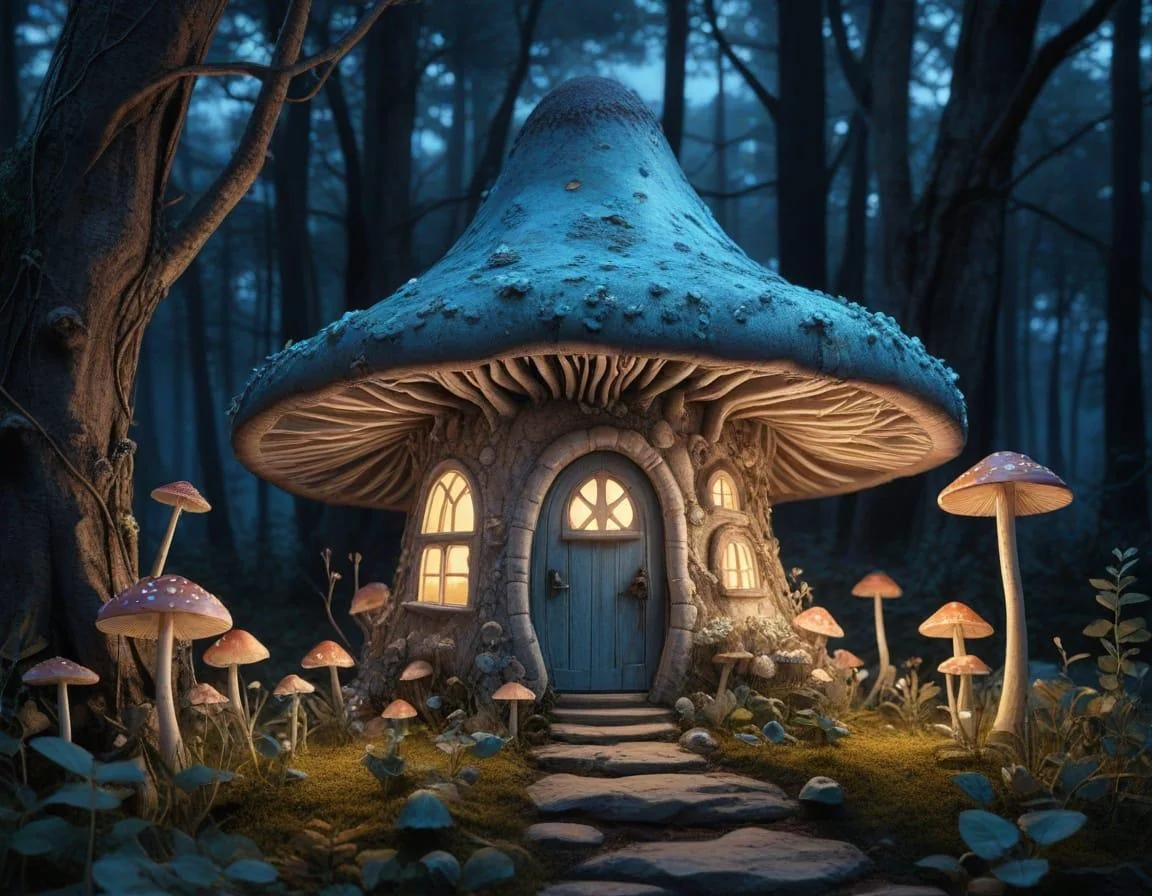 A fairy mushroom house in an enchanted bioluminescent forest. picture 8 of 10