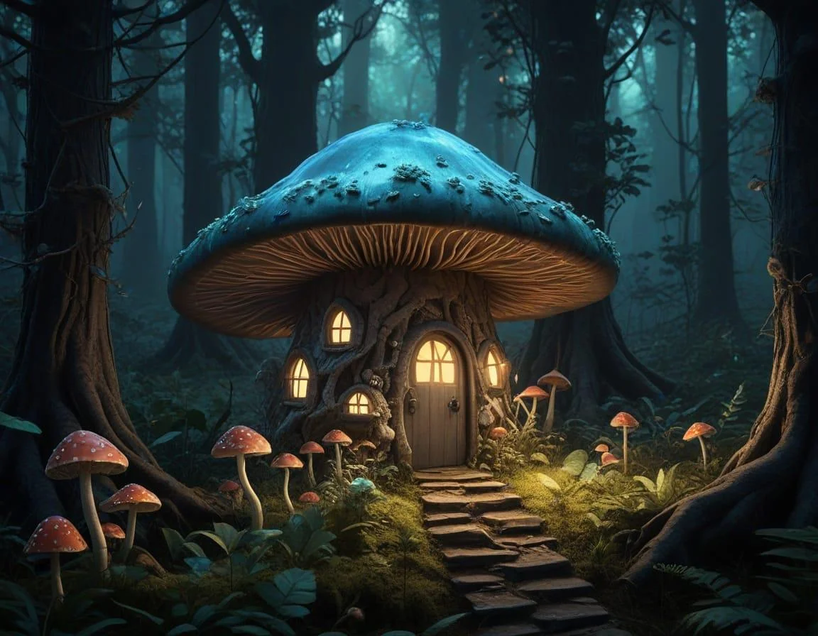 A fairy mushroom house in an enchanted bioluminescent forest. picture 9 of 10