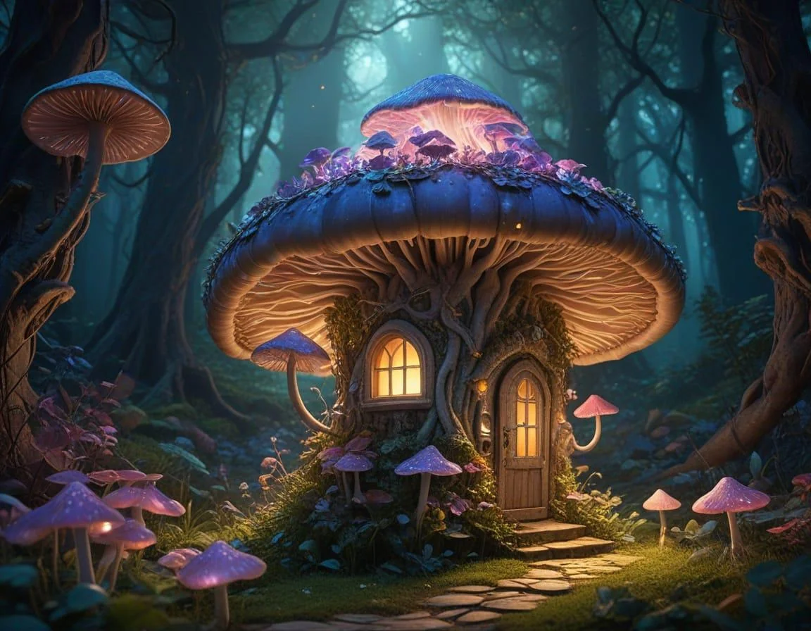 A fairy mushroom house in an enchanted bioluminescent forest. picture 10 of 10