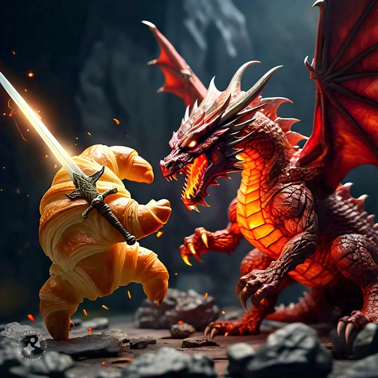 Searched “croissant fighting a dragon” and this is what came out (MetaAI) picture 1 of 1