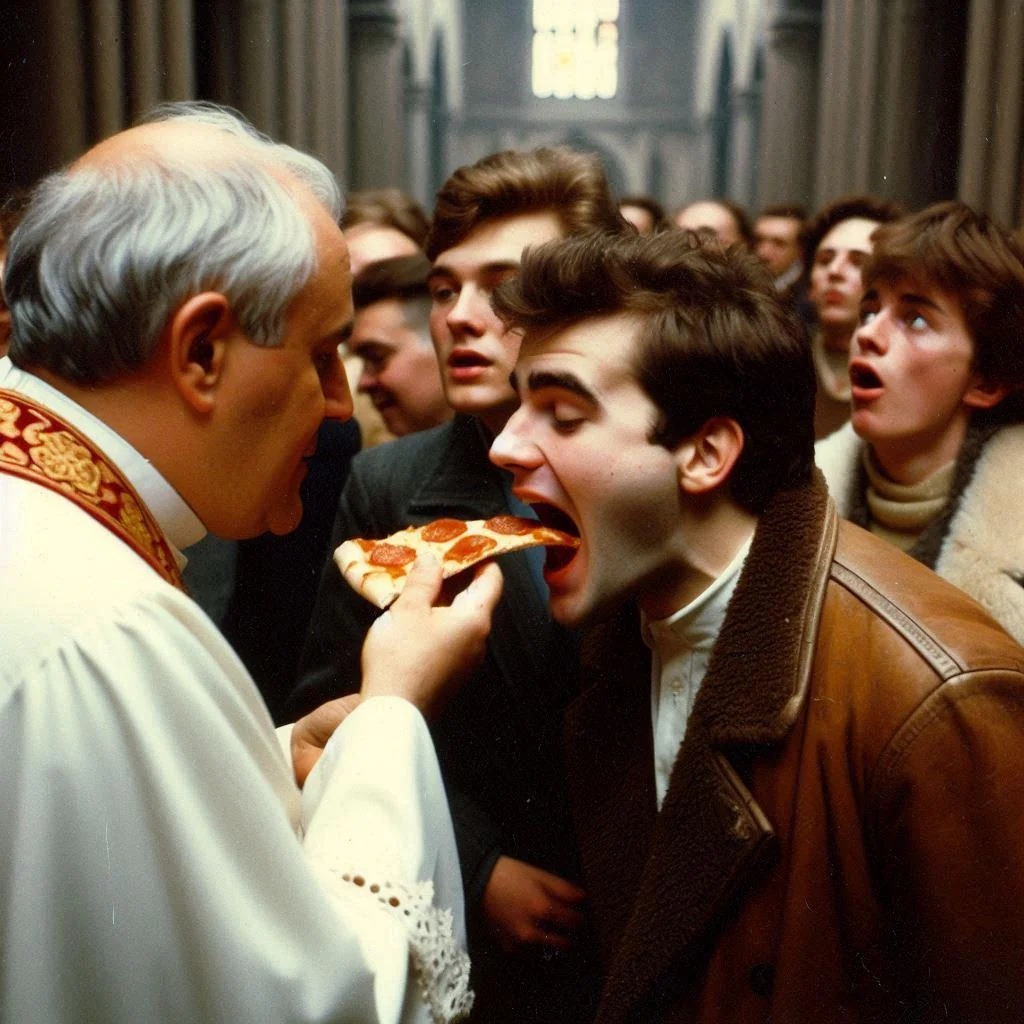 "A priest, to convince people to go to church, offers pizza instead of the host." picture 1 of 1