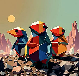 Mole like creatures in cubist art style'