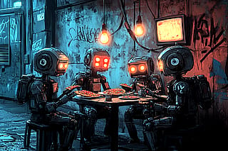 Robots on lunch break eating pizza'