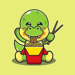 A dinosaur eating noodles.'