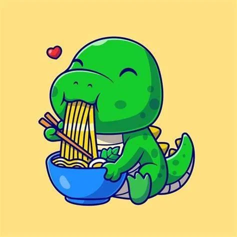 A dinosaur eating noodles. picture 3 of 4