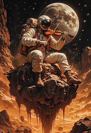 An astronaut in a vintage spacesuit sits on a hovering rock in outer space, playing a violin'