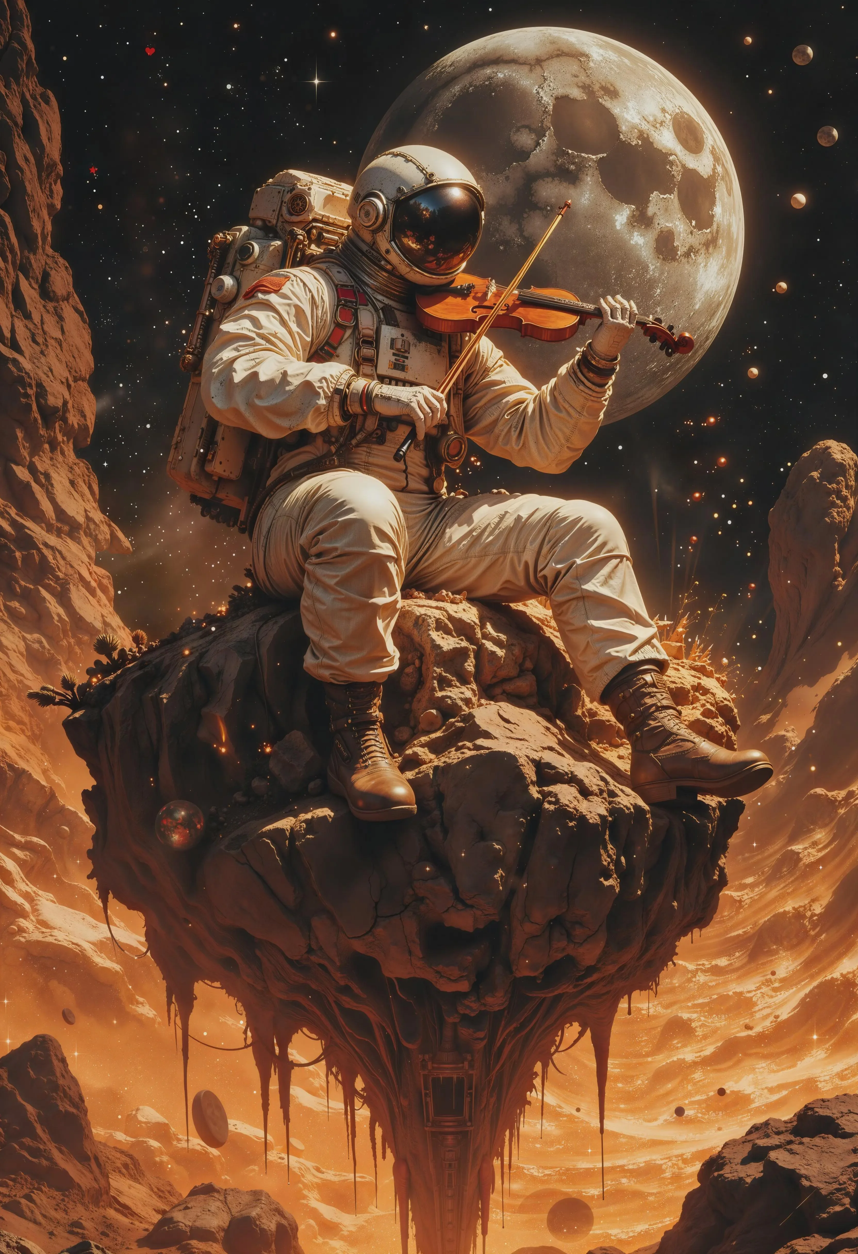 An astronaut in a vintage spacesuit sits on a hovering rock in outer space, playing a violin picture 1 of 1