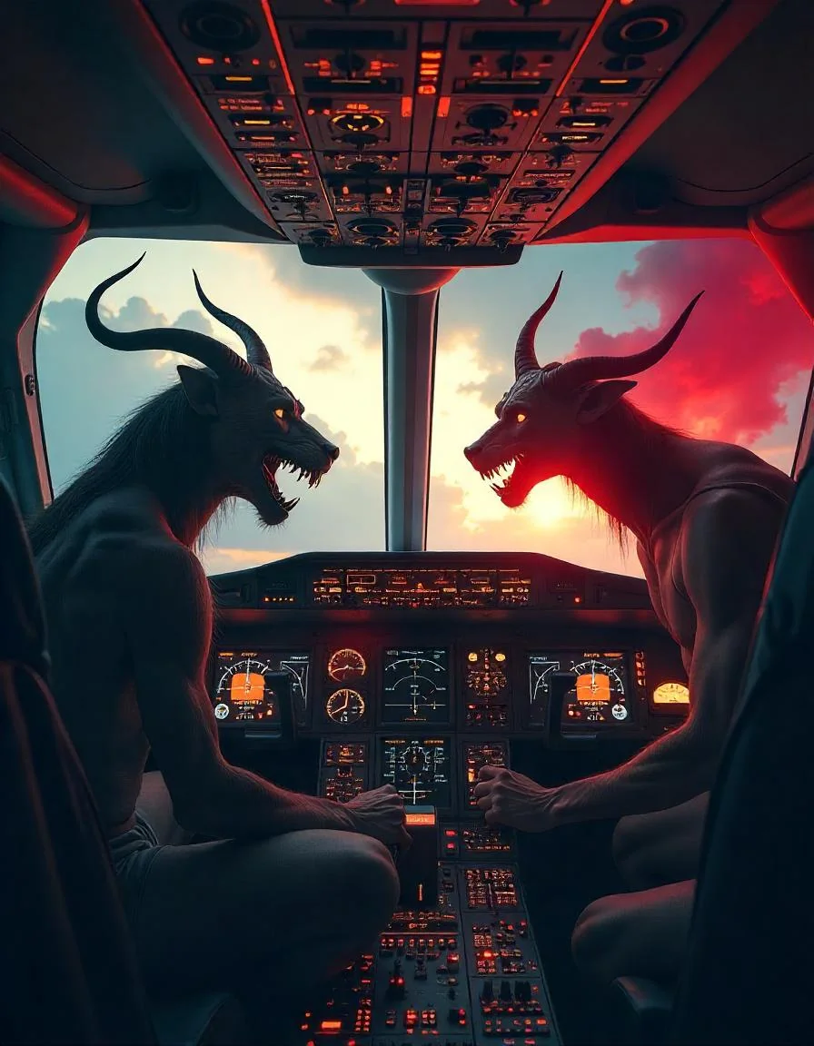 I hope this is also allowed? Images i generated on freepik as a metaphor for my mental illness and obsessions with demons taking over the cockpit of an aircraft, losing control over my mind and behavior picture 1 of 3