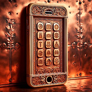 An antique-style smartphone made of copper'