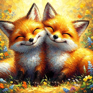 Smiling foxes in an impressionism art style'