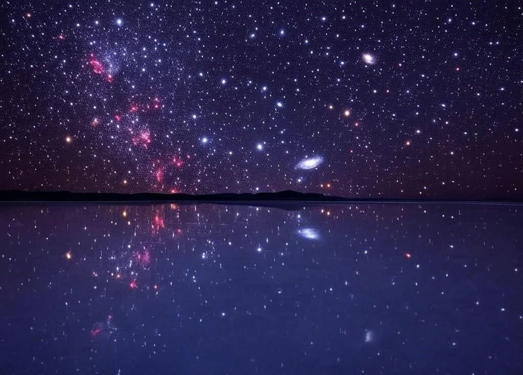 A salt flat reflecting a beautiful sky of stars. picture 1 of 1