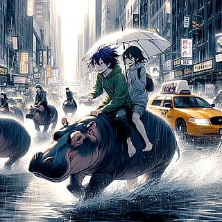 "Eco-friendly young people ride hippos instead of using polluting cars."'