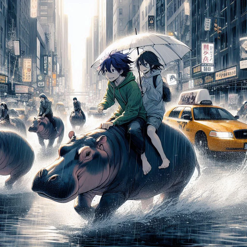 "Eco-friendly young people ride hippos instead of using polluting cars." picture 1 of 1