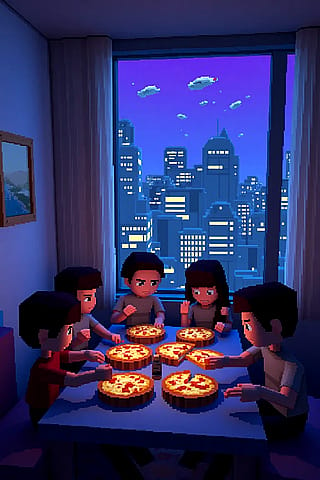 Low poly cyberpunk family eating pizza'