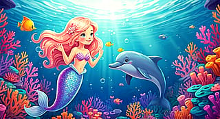 Cartoon Mermaid and Dolphin'