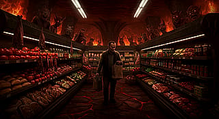 A man buying things in the grocery store, but it's in hell'