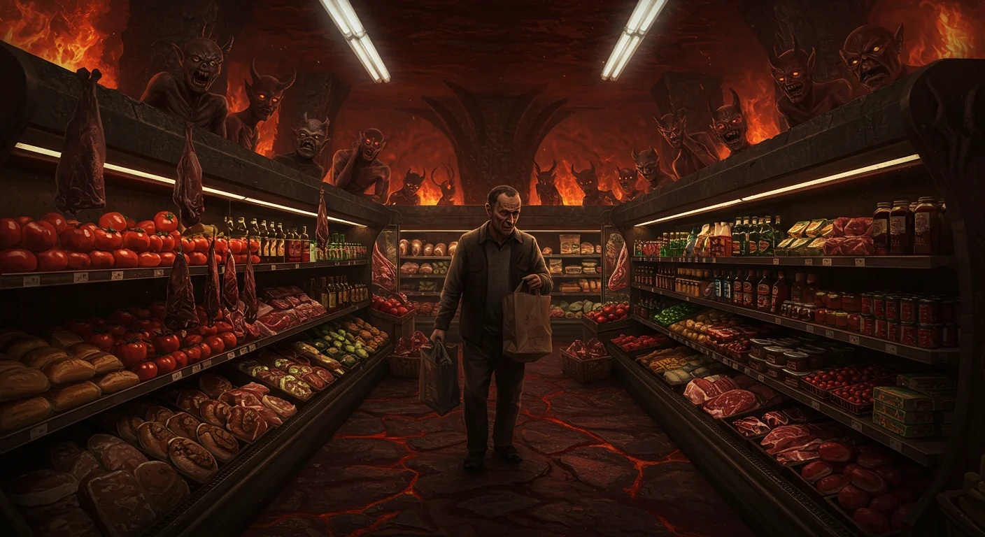 A man buying things in the grocery store, but it's in hell picture 1 of 1