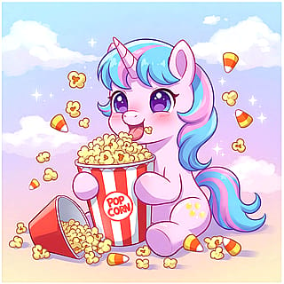 Little unicorn eating popcorn and candy corn'