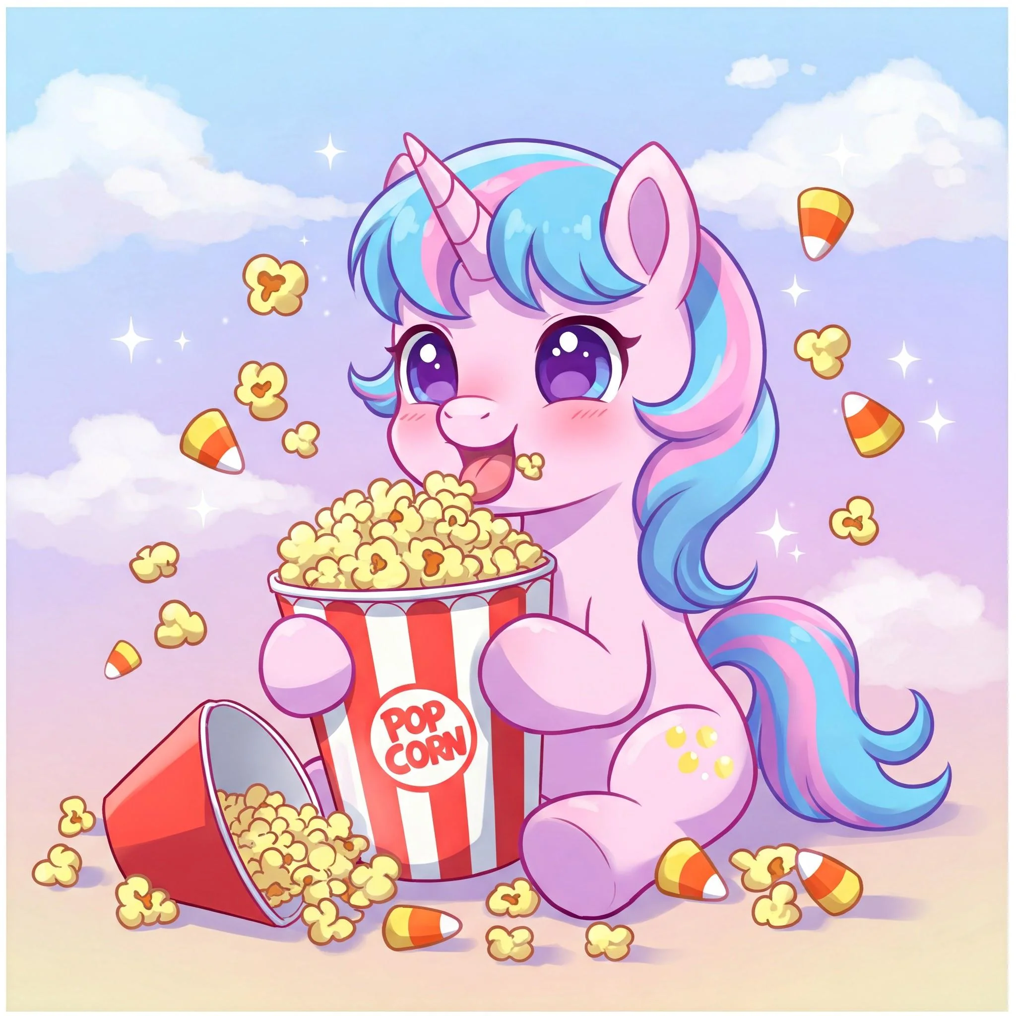 Little unicorn eating popcorn and candy corn picture 1 of 1