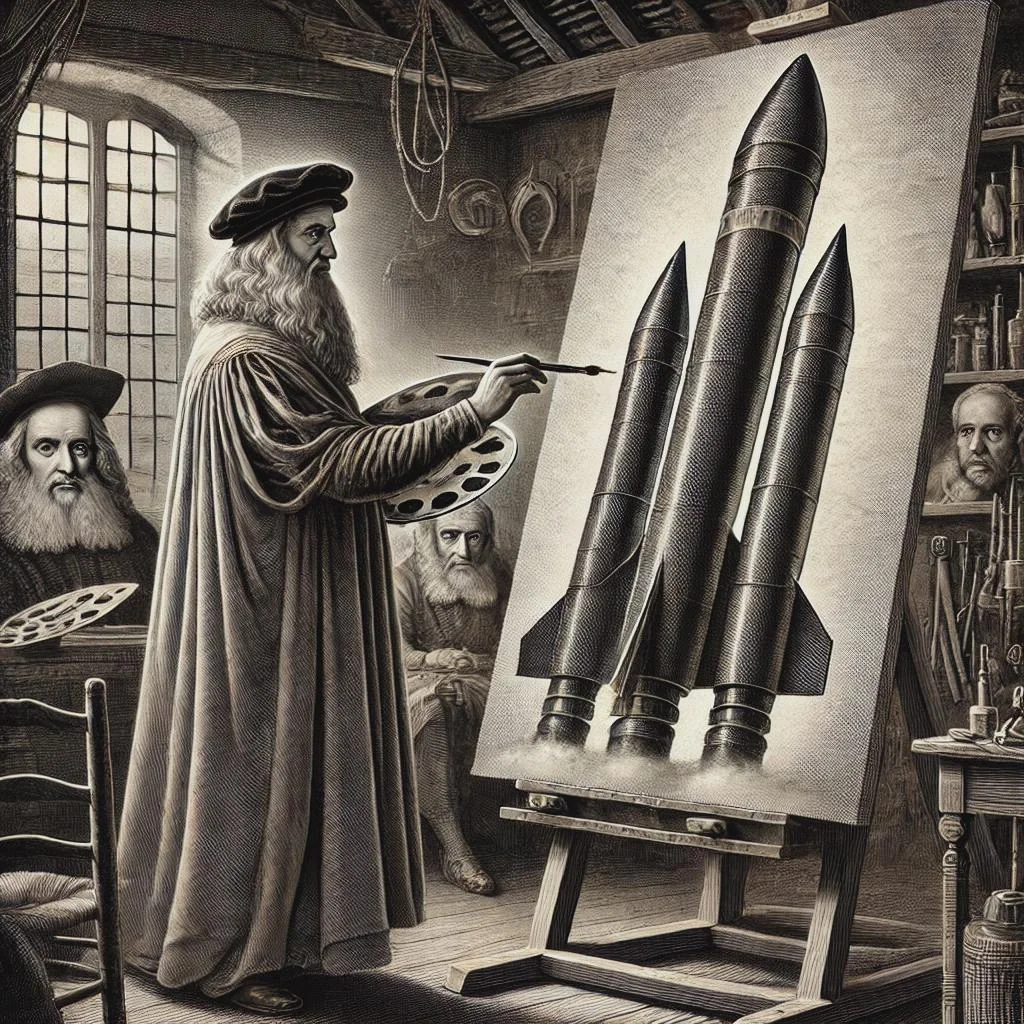 Leonardo da Vinci's Rocket fantasies (1890 Gustave Dore engraving) picture 1 of 1