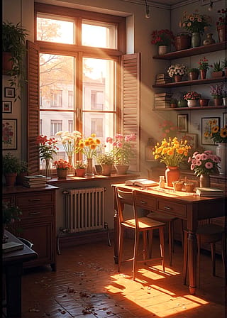 The twilight sunlight gently spills into the room.'