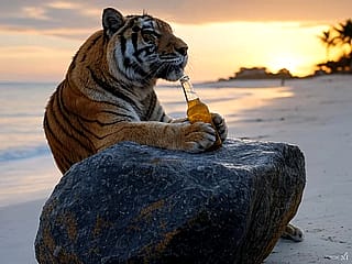 Tiger drinking beer in beach'