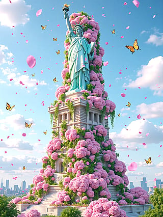 The Statue of Liberty Surrounded by Flowers'