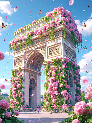 The beautiful Arc de Triomphe welcomes the season of blooming flowers.'